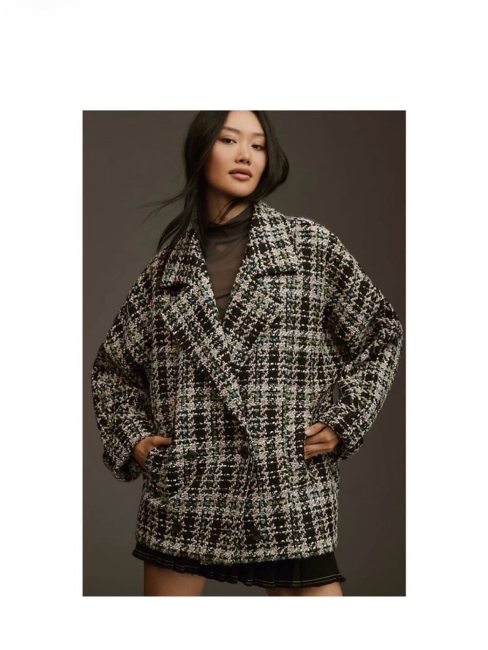 Anthropologie Black & White Plaid Bouclé Oversized Blazer